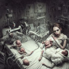 Surreal dark art: person in hospital bed with grotesque creatures