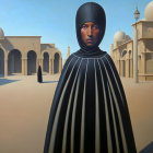Person in flowing black garment and headscarf against desert buildings.