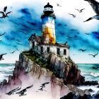 Illustrated lighthouse on craggy cliff with crashing waves and seagulls against dramatic sky