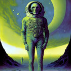 Skull-faced astronaut on alien planet with yellow skies