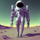 Surreal astronaut with elongated limbs in alien landscape with multiple moons.