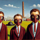 Three figures in suits and gas masks near industrial smokestacks under clear sky