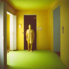 Person in yellow outfit in room with green flooring and yellow walls.