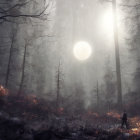 Solitary Figure in Misty Forest with Glowing Orb and Towering Trees