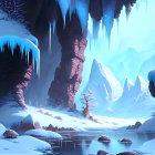 Snowy landscape with ice-covered cliffs, river, icicles, and winter vegetation under soft light