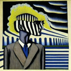 Abstract portrait with patterned face and striped surroundings in suit and tie against wavy backdrop