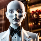 Mannequin in White Tuxedo with Red Speckles and Black Bow Tie