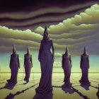 Mysterious figure in long robes in surreal, ominous landscape