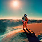 Astronaut on rocky shore gazes at distant planet with crashing waves & bright sun