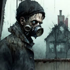 Illustration of person in gas mask with dark, dilapidated house - post-apocalyptic theme