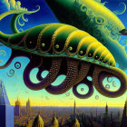 Surreal painting: Giant octopus tentacles over futuristic cityscape