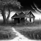 Eerie monochrome image of dilapidated house and barren tree under cloudy skies