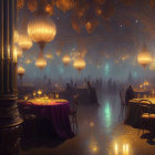 Fantasy banquet hall with ornate lanterns and shadowy figures