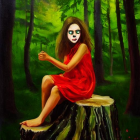 Skull-headed figure in orange robe on tree stump in misty forest