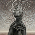 Surreal figure with tree roots for hair in eerie monochromatic scene