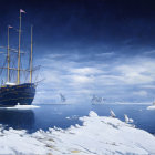 Tall ship in icy landscape with icebergs and starry night sky