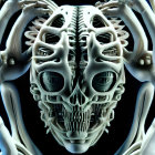 Symmetrical abstract image: Futuristic robotic skull with skeletal and mechanical elements