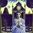 Surreal painting of woman in purple dress by moonlit clock tower