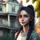 Braided-hair woman in front of dilapidated house and autumn foliage