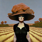 Illustration of woman in large brown hat and sunglasses in stylized field.