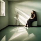 Woman in Purple Dress Sitting Near Window Light Beam and Flower Vase