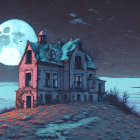 Desolate abandoned house on hill under full moon