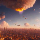 Futuristic cityscape with tall structures and flying vehicles under warm sky