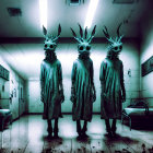 Three figures in eerie masks and draped robes in abandoned hospital hallway