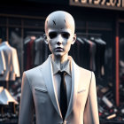 Featureless Face Humanoid in Suit Stands by Clothing Store