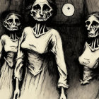 Detailed Pen and Ink Drawing: Three Skeletal Figures in Dresses with Clock and Dark Architecture