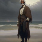 Elderly bearded man in historical seafaring attire on beach with ship and stormy sky