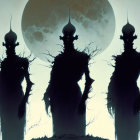 Elongated silhouettes with pointed headwear under large moon