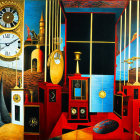 Surreal room with clocks and timepieces against twilight skyline