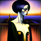 Pale woman with black bob haircut in front of sunset backdrop with silhouetted castles and colorful