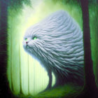 Fluffy White Cat-Like Creature in Mystical Green Forest