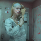 Blonde woman in blue coat in dimly lit hallway with lockers & vintage instruments