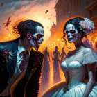 Gothic skeleton-faced couple in wedding attire with orange-illuminated celebration