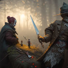 Fantastical forest scene: skeletal figures clash with knife in hand amidst tiny warriors and ethereal light