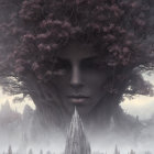 Surrealist face-tree fusion with purple foliage hair in misty forest.