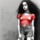 Monochrome illustration of young woman in red crop top and denim shorts