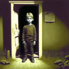 Young boy in doorway illuminated by bright light against dark background