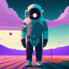 Vintage astronaut in surreal violet landscape with planets and deserted road