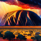 Vibrant artwork of Uluru under dramatic sky with lightning in Australian desert