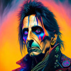 Vibrant portrait of a man with neon makeup and intense gaze