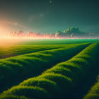 Tranquil sunset landscape with green fields and trail under pink sky