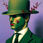 Stylized portrait of person with green skin and hat on purple background