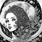 Monochrome illustration of woman's face with floral and celestial motifs