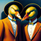 Anthropomorphic ducks in suits and sombreros on surreal blue background