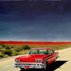 Vintage Red Car on Desert Road with Starry Sky