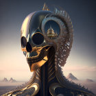 Intricate gold design on futuristic robotic skull in desert landscape